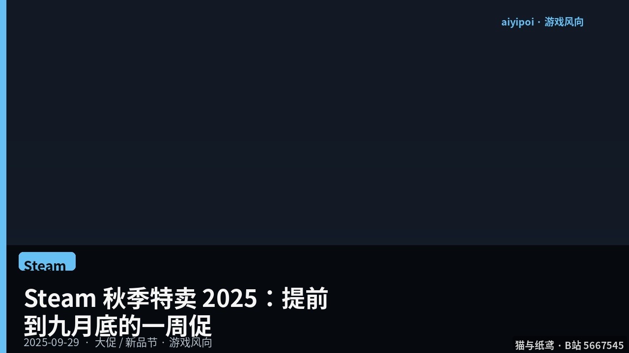 Steam 秋季特卖 2025：9 月 29 日–10 月 6 日（提前到初秋）
